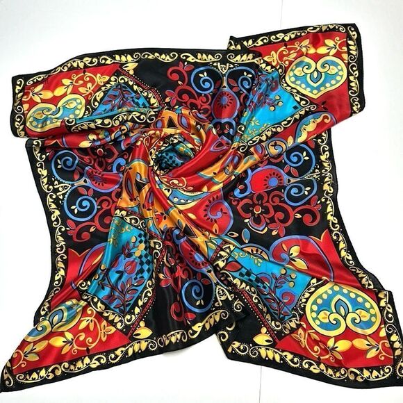 Honey Accessories Silk Scarf Colorful Black Yellow Red Blue Made in Japan - Picture 1 of 12